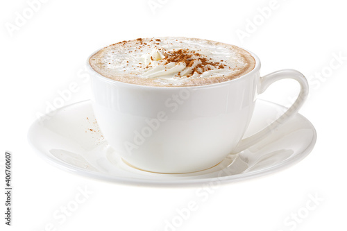 A cup of coffee with whipped cream and cinnamon. Isolated on white background.