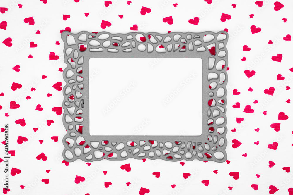 Retro frame on red hearts background with copy space. Minimal Valentines day concept. Retro frame on red hearts background with copy space. Minimal Valentines day concept.