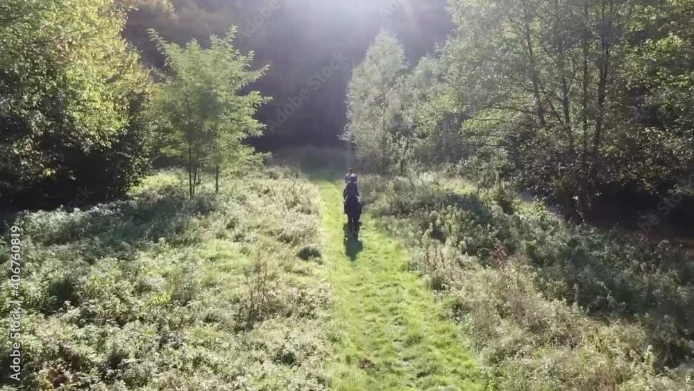 Boy and a girl are riding horses through the forest by the river Boy and a girl are riding horses through the forest by the river