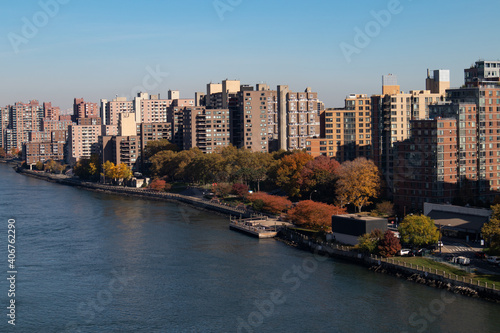 Roosevelt Island Skyline with Colorful Trees during Autumn in New York City