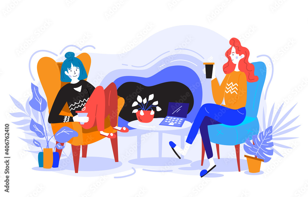 Girl are sitting on a sofa, working, chatting, and drinking coffee. Warm and cozy atmosphere. Team hobby concept. Flat vector colored illustration. Room interior design Girl are sitting on a sofa, working, chatting, and drinking coffee. Warm and cozy atmosphere. Team hobby concept. Flat vector colored illustration. Room interior design