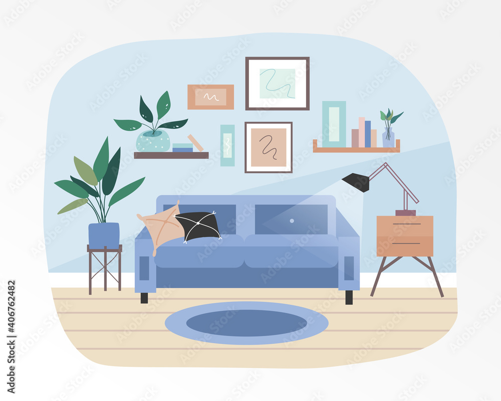 Fototapeta premium The warm and cozy interior of the living room. Completed with decorative plants and small furniture. Blue pastel tones. Flat vector illustration.