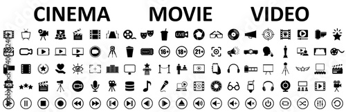 Set of 100 cinema, movie, video icons, collection film, tv sign - stock vector photo