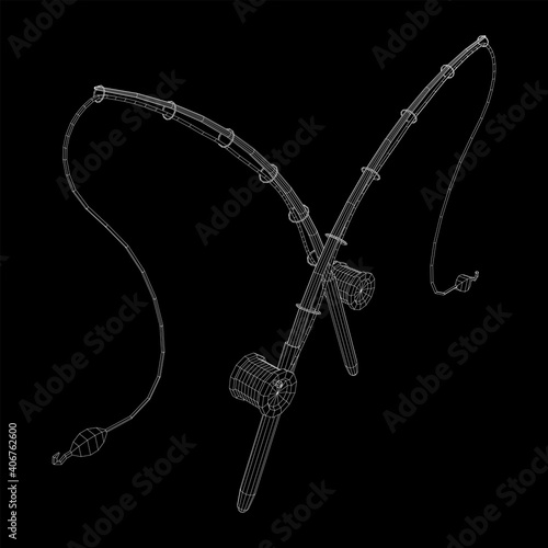 Fishing rod with line sinker and hook. Wireframe low poly mesh vector illustration.
