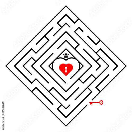 A maze puzzle game, black lines, diamond shapes. Heart-shaped padlock, Crown on top, Red key. Idea design concept valentine’s day for card, poster, flyer, book cover, website. Vector illustration.