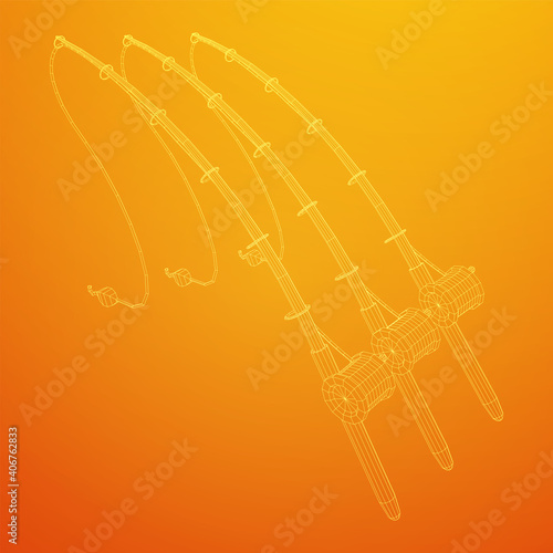 Fishing rod with line sinker and hook. Wireframe low poly mesh vector illustration.