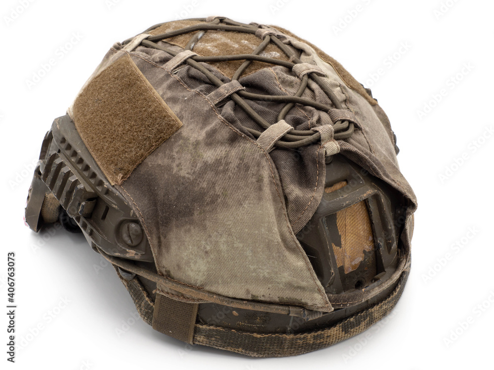 Fototapeta premium Us military tactical helmet Velcro for Chevron, case and straps Picatinny equipment. Photo isolated on a white background. The concept of weapons for airsoft and urban protests.