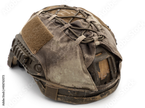 Fototapeta Naklejka Na Ścianę i Meble -  Us military tactical helmet Velcro for Chevron, case and straps Picatinny equipment. Photo isolated on a white background. The concept of weapons for airsoft and urban protests.