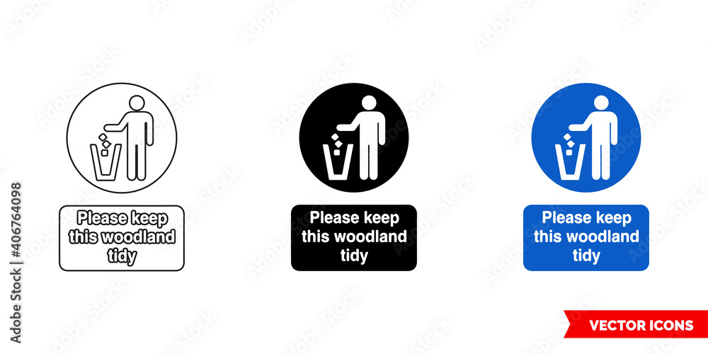 Please keep this woodland tidy mandatory sign icon of 3 types color, black and white, outline. Isolated vector sign symbol.