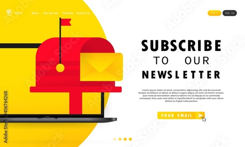 Subscribe to our newsletter banner. Sign up form with envelope, email sign. Vector on isolated white background. EPS 10