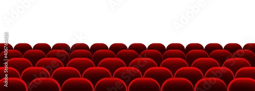 Cinema auditorium with screen and red seats. Movie time. Vector on isolated background. EPS 10