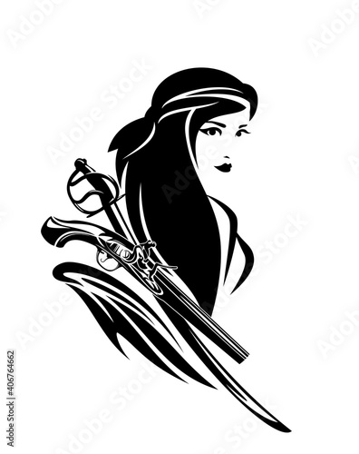 beautiful pirate woman with sabre sword and pistol gun - adventurous sea captain black and white vector portrait