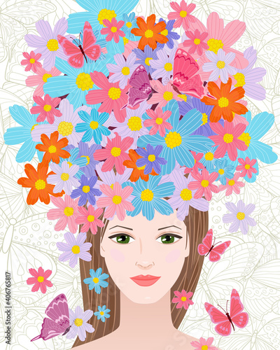 portrait of fashion girl with floral hairstyle with flying butte