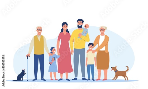 Multigenerational family concept. Big happy family standing together. Grandma, grandpa, mom, dad, children, cat and dog. Group of smiling cartoon characters. Flat cartoon vector illustration.