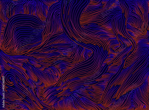 Vintage colorful abstract forms sea corals organic texture, neon color gradient orange blue outline, isolated on dark.