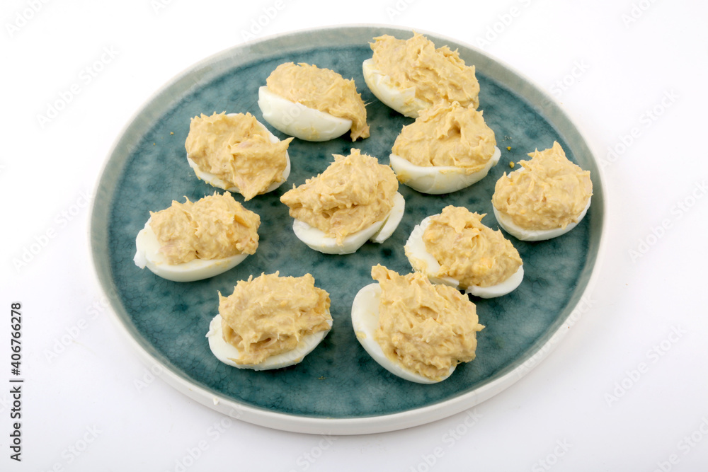 stuffed eggs with tuna and mayonaisse sauce as snack food stuffed eggs with tuna and mayonaisse sauce as snack food