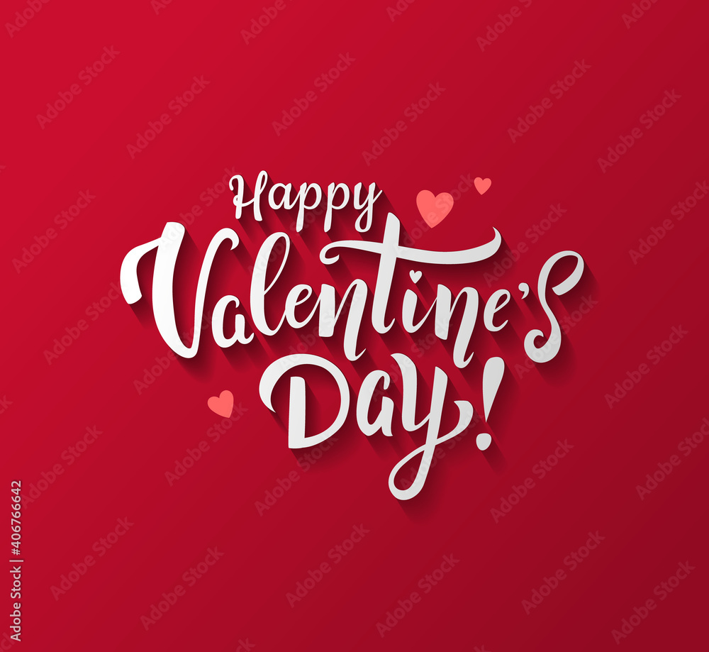 Happy Valentine's Day beautiful handwritten lettering on red background with small red hearts. - Vector