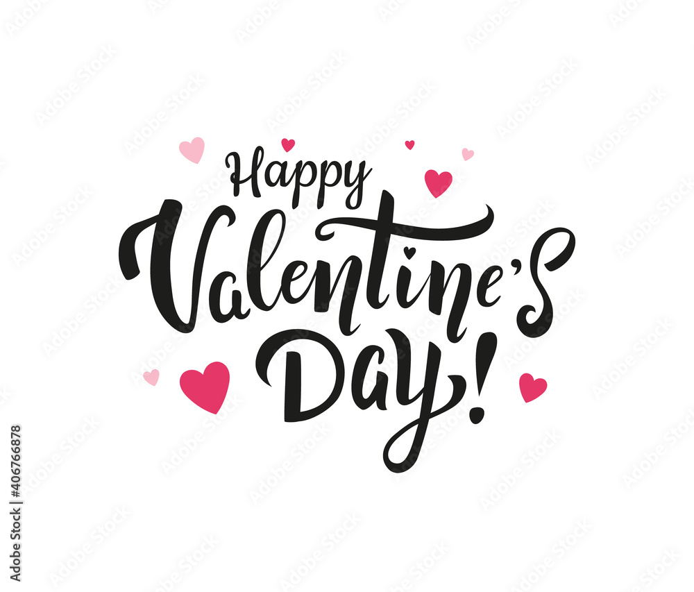 Happy Valentine's day! Beautiful hand drawn black lettering with pink hearts for greeting cards and print. - Vector