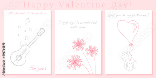 Set of postcards for Valentine's Day. Gentle gifts for the holiday of love. Congratulations on the holiday. Creative confession of love. Balloon in the shape of a heart, guitar, a bouquet of flowers.