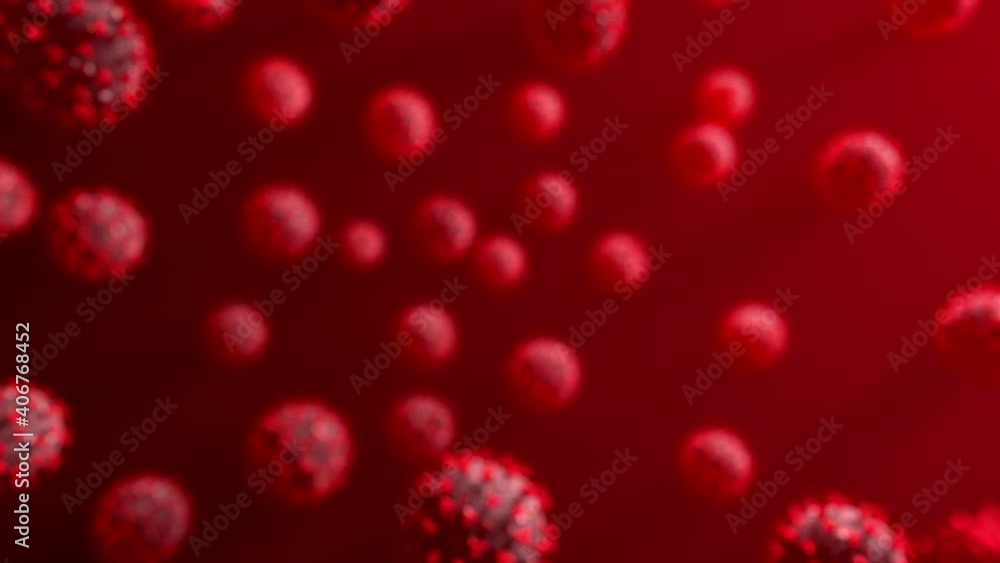 Covid 19 Coronavirus 3D animation. Group of Sars-COV-2 Cells floating in the blood. Defocus background for broadcasting and video template. Covid 19 Coronavirus 3D animation. Group of Sars-COV-2 Cells floating in the blood. Defocus background for broadcasting and video template.