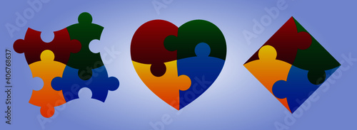 Autism symbols with in heart and squares shapes Puzzle pieces for decorate web pages, fabric, cards, labels, paper and other