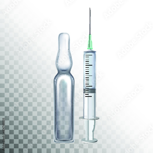 Realistic ampoule with medicine or vaccine and syringe