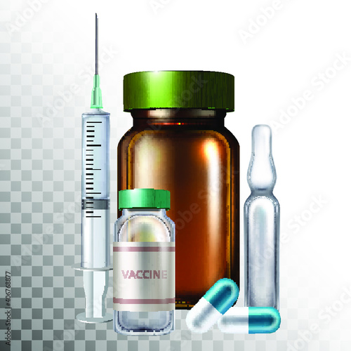 Medical set of medicines. Realistic syringe, pills, vaccine and glass ampoules.