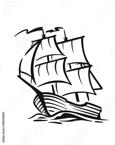 Ship with sail on waves