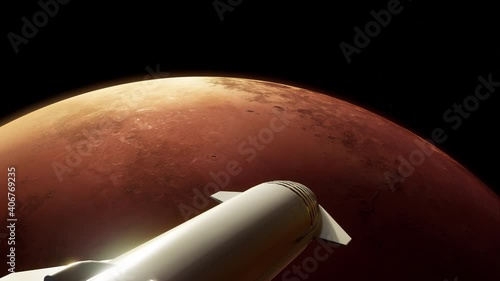 Starship rocket flying to Mars planet. Heavy spaceship in space.