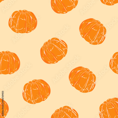 Orange mandarin peeled completely on pastel background. Seamless pattern. Hand drawing. Vector illustration.