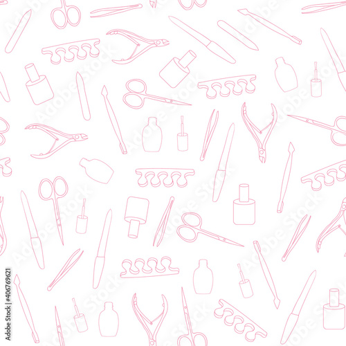 Seamless pattern manicure tools. white background. Vector illustration. Hand drawing. Manicure tools card.