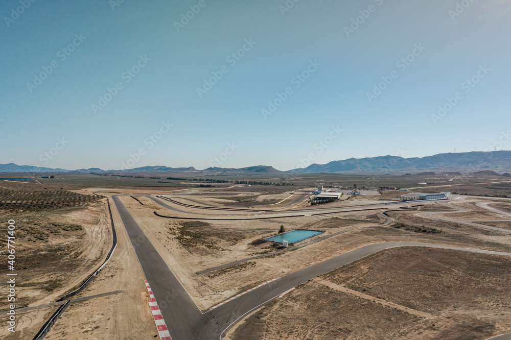 Drone Aerial view of the Circuito De Almeria Race Track in the Tabernas Desert Spain Drone Aerial view of the Circuito De Almeria Race Track in the Tabernas Desert Spain