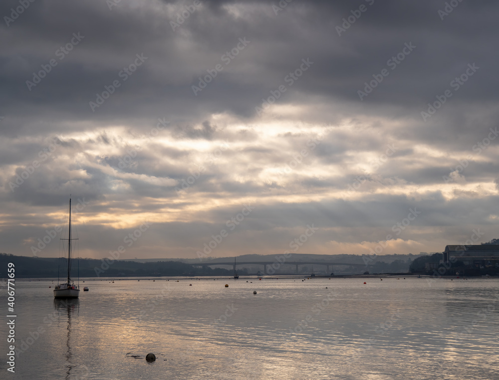 The River Torridge Estuary looking towards Bideford in North Devon, England on a wintry grey day.