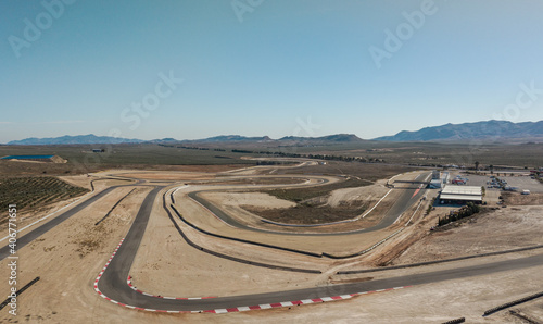 Drone Aerial view of the Circuito De Almeria Race Track in the Tabernas Desert Spain