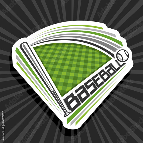 Vector logo for Baseball Sport with copy space, decorative cut paper modern emblem with illustration of flying baseball ball in goal above sport field and unique letters for word baseball.