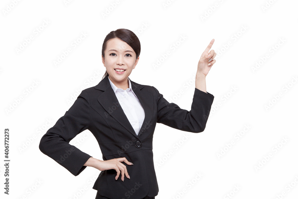 Portrait of young business woman pointing something Portrait of young business woman pointing something