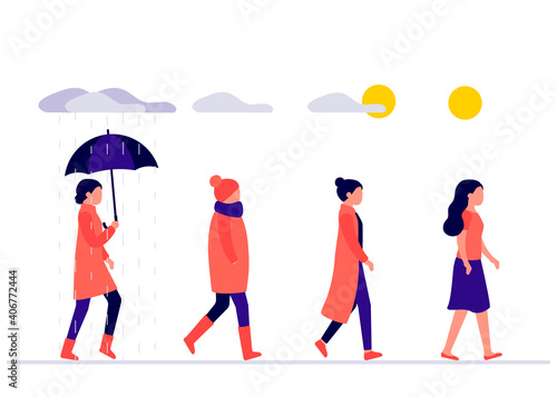 Set woman walks outdoors in different weather, season. Sun is shining, cloudy, rain. Young girl wearing seasonal clothes outside. Vector illustration