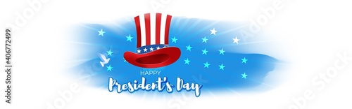 Vector illustration concept of Happy Presidents' Day. Washington's Birthday greeting with American flag and president hat on abstract background.
