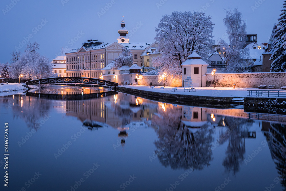 Winter evening in historical city Ceske Budejovice in the Czech Republic