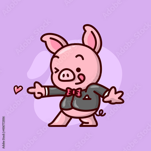 CUTE PIG WEARING BLACK SUIT AND DOING GUN SHOT POSE. VALENTINE'S DAY ILLUSTRATION.