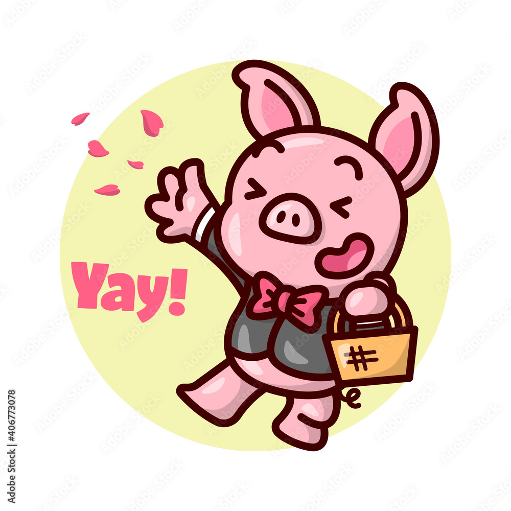 CUTE PIG WEARING BLACK SUIT JUMPING WHILE SPRINKLING FLOWER PETALS. VALENTINNE'S DAY ILLUSTRATION.