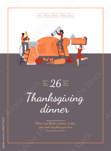 Card or poster design for Thanksgiving dinner with people preparing festive turkey, cartoon vector illustration. Invitation card template for Thanksgiving dinner.