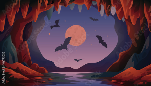 Cave with bats. Night Panoramic vector landscape with flying bats and moon. Vector illustration in flat cartoon style.
