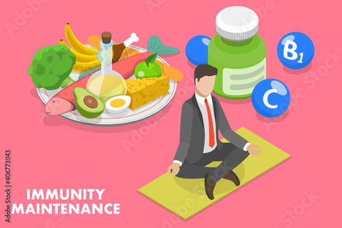 3D Isometric Flat Vector Conceptual Illustration of Immunity Maintenance, Protection Against Virus Germs and Bacteria.