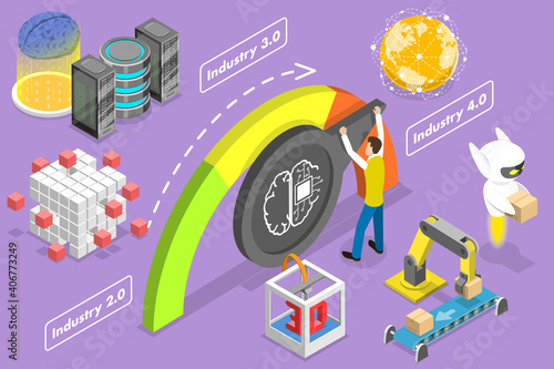 3D Isometric Flat Vector Conceptual Illustration of Transition to Industry 4.0, Digital Transformation.