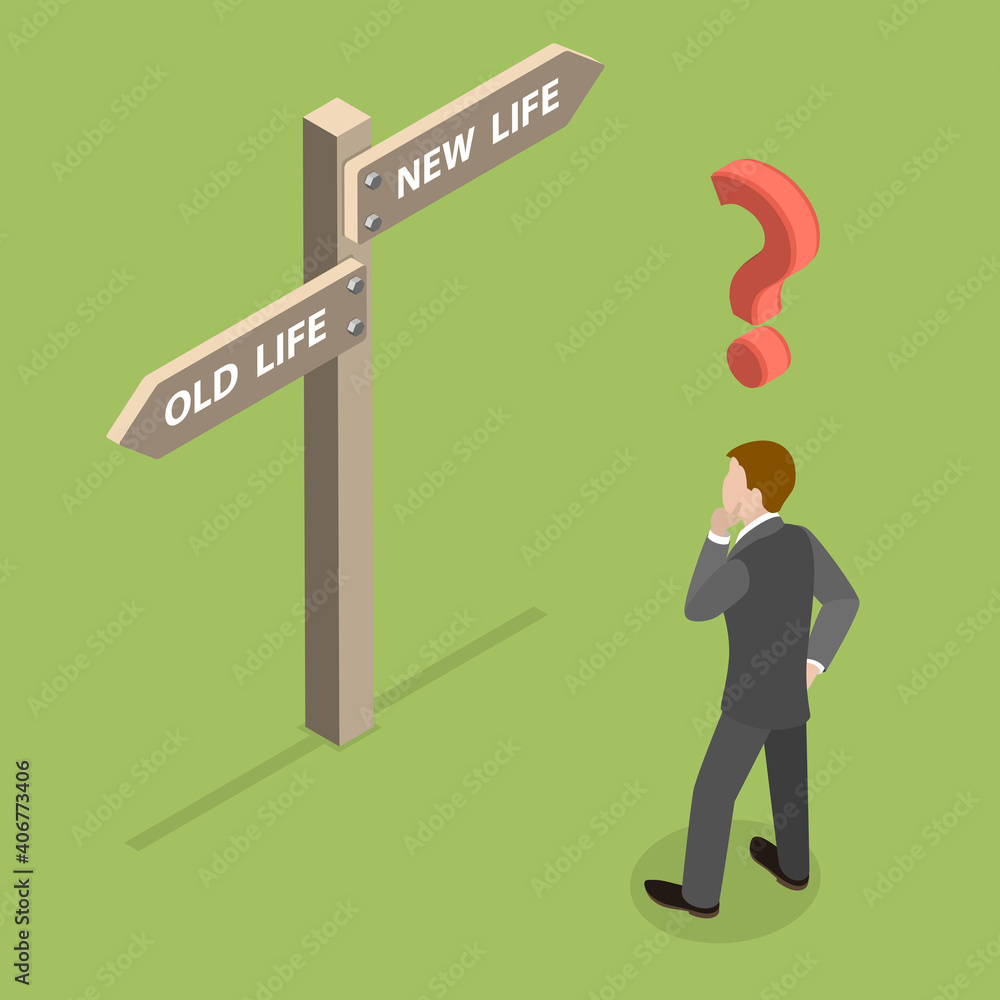 3D Isometric Flat Vector Conceptual Illustration of Choosing a Right Life Path, New Challenges or Old Problems. 3D Isometric Flat Vector Conceptual Illustration of Choosing a Right Life Path, New Challenges or Old Problems.