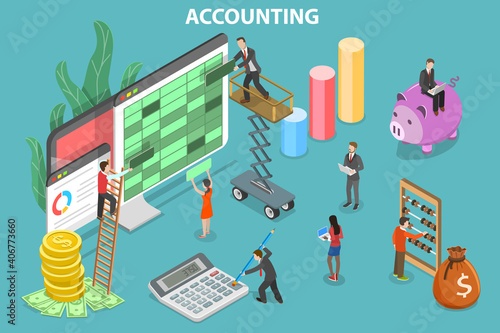 3D Isometric Flat Vector Conceptual Illustration of Financial Accounting, Bookkeeping Report Generating.