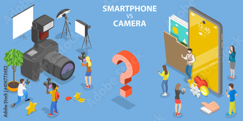 3D Isometric Flat Vector Conceptual Illustration of Smartphone VS Digital Camera.