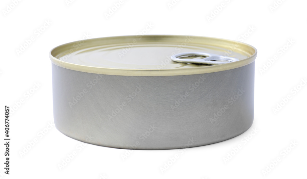 Closed tin can of food isolated on white Closed tin can of food isolated on white