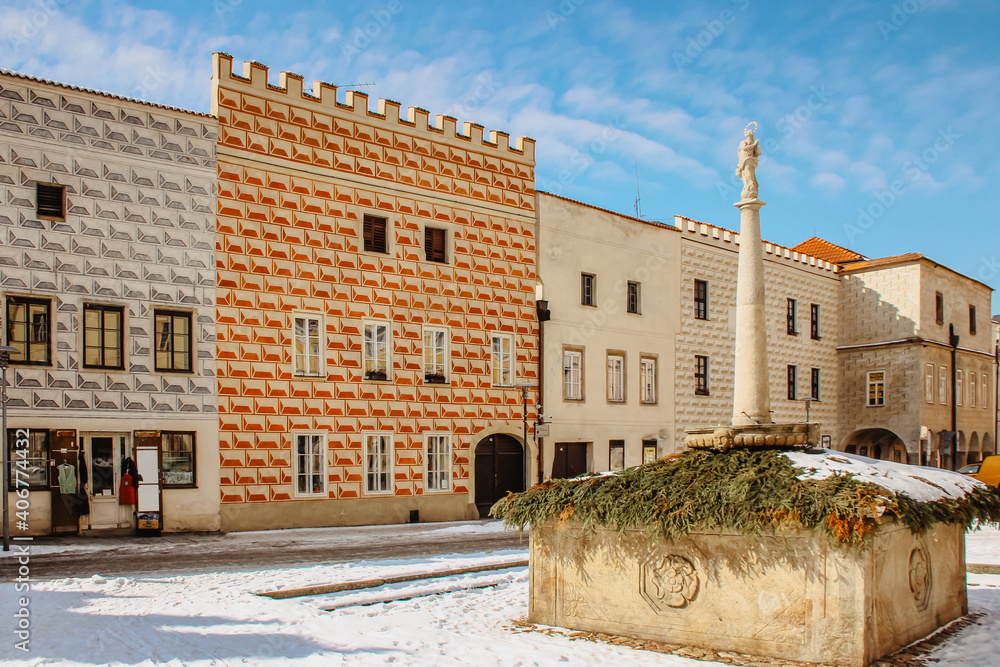 Slavonice, Czech republic, small charming town in South Bohemia.Facades with richly decorated sgraffiti,fresco paintings.Renaissance historical houses.Beautiful Czech cityscape.European sightseeing.